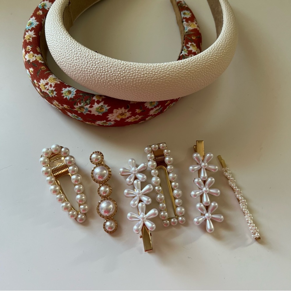 Pearl Clip Barrettes Floral Headband Leather